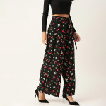 Women Black & Red Cherry Print Wide Leg Palazzos