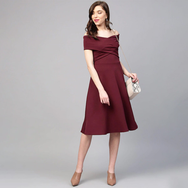 Burgundy Off-Shoulder Pleated Fit & Flare Dress