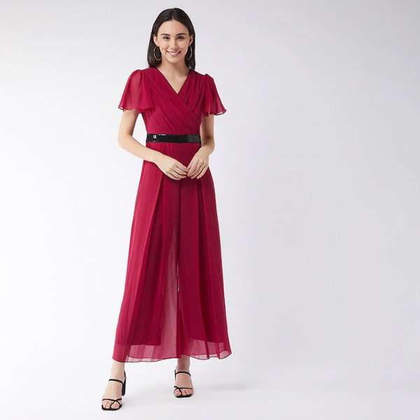 Pink Printed Jumpsuit, Drape And Belt With Embroidery