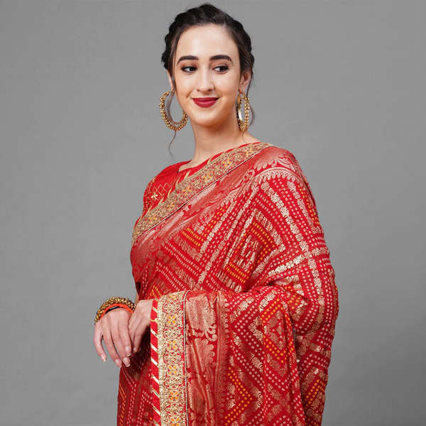 Red Gold Toned Woven Design Bandhani Saree