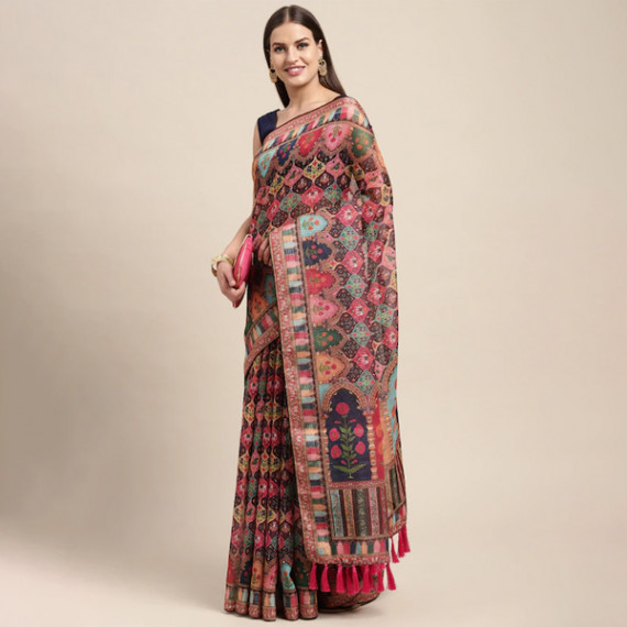 https://designerszone.in/vi/products/peach-coloured-multicoloured-kalamkari-sequinned-linen-blend-block-print-saree