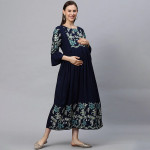 "Women Navy Blue Embroidered Maternity Feeding Maxi Nursing Dress "