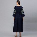 "Women Navy Blue Embroidered Maternity Feeding Maxi Nursing Dress "